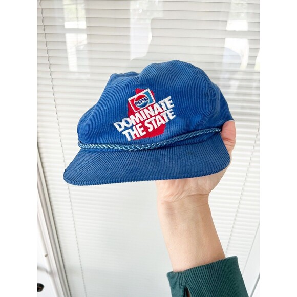 Vintage Pepsi Dominate the State Michigan Hat Blue Snapback Corduroy Cap 70's - Picture 1 of 5